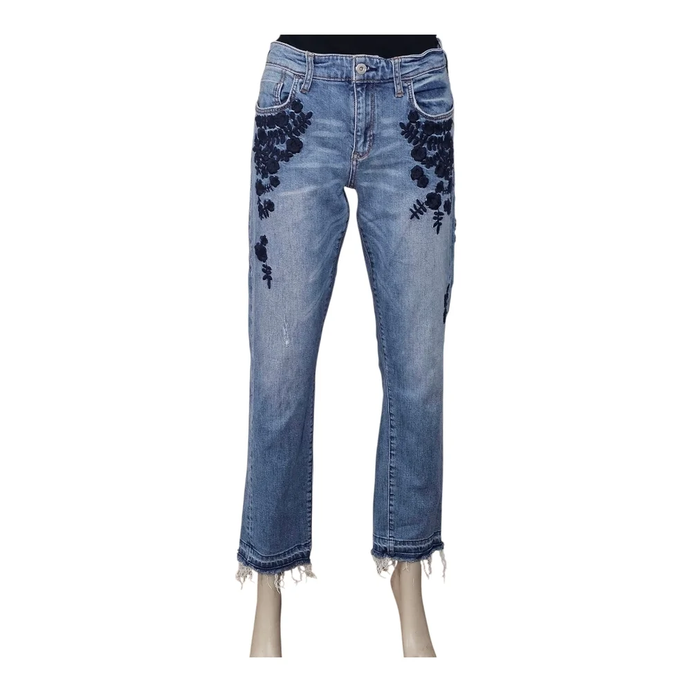 Anthropologie Pilcro & the Letterpress Blue Embroidered Slim Boyfriend Jeans 28 - Picture 3 of 14